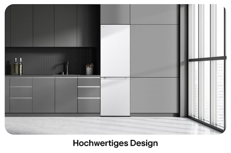 LG Kühl-Gefrierkombination GBV3100CSW in Weiß, zeigt das Modern Flat Door Design und die nahtlose Integration in die dunkelgraue Küchenzeile.