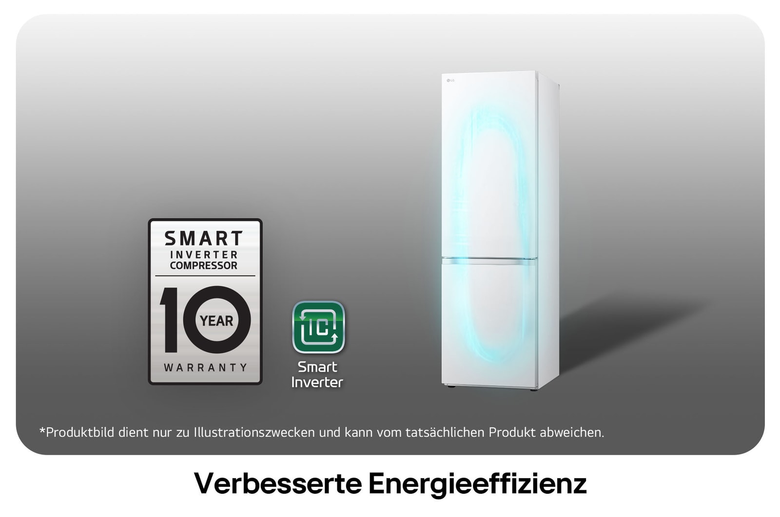 LG Kühl-Gefrierkombination GBV3100CSW mit Smart Inverter Kompressor Logo, zeigt die 10-Jahres-Garantie und verbesserte Energieeffizienz.