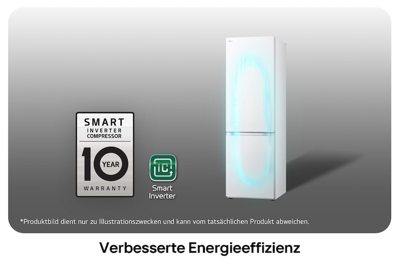 LG Kühl-Gefrierkombination GBV3100CSW mit Smart Inverter Kompressor Logo, zeigt die 10-Jahres-Garantie und verbesserte Energieeffizienz.