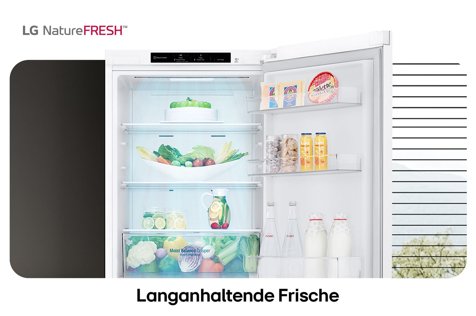 LG Kühl-Gefrierkombination GBV3100CSW zeigt NatureFRESH Innenraum mit gefülltem Moist Balance Crisper für langanhaltende Frische.