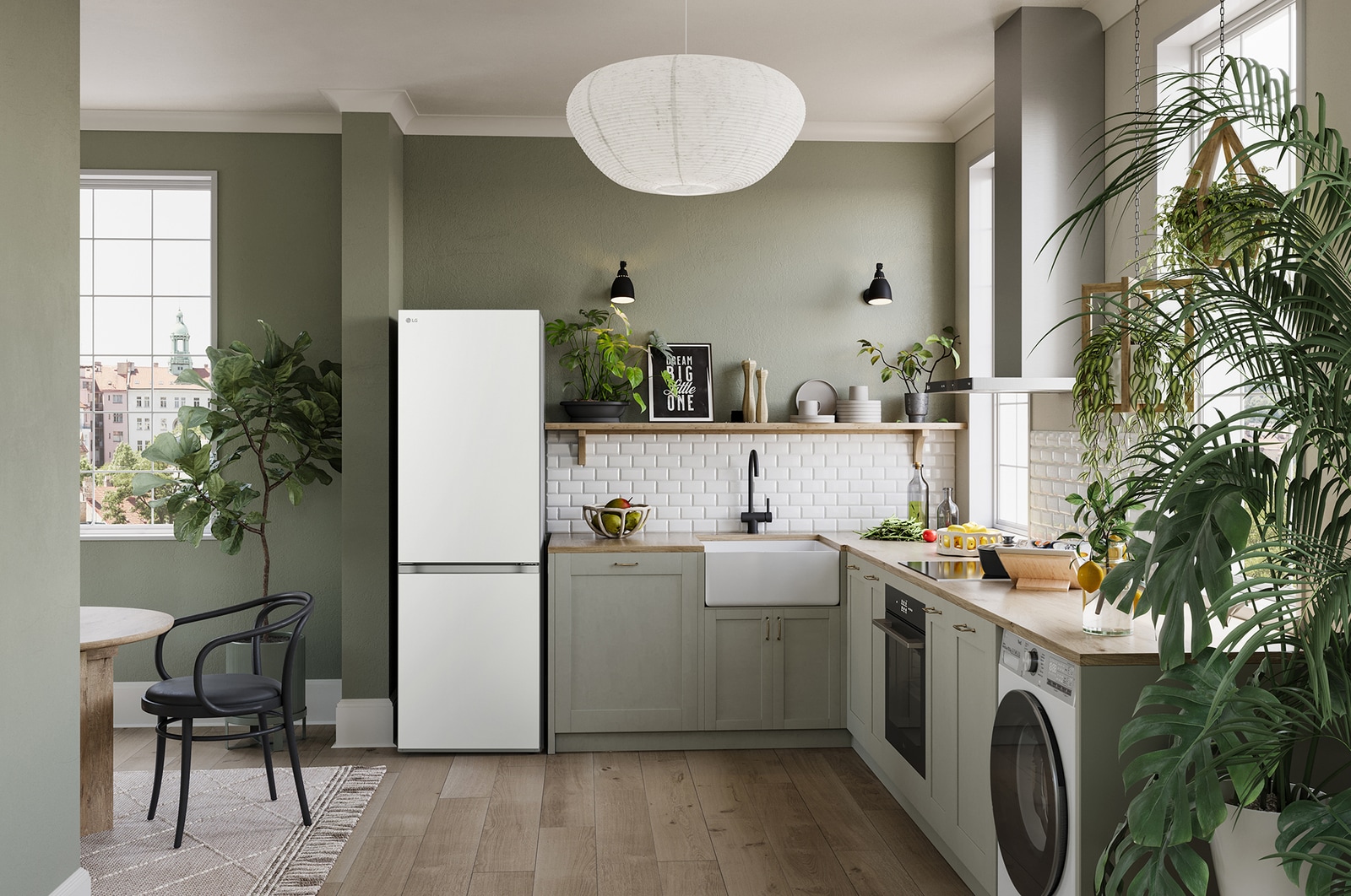 LG Kühl-Gefrierkombination GBV3100CSW in Weiß, integriert in eine moderne, grüne Küche, demonstriert ihr elegantes Flat Door Design.