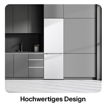 LG Kühl-Gefrierkombination GBV3100CSW in Weiß, zeigt das Modern Flat Door Design und die nahtlose Integration in die dunkelgraue Küchenzeile.