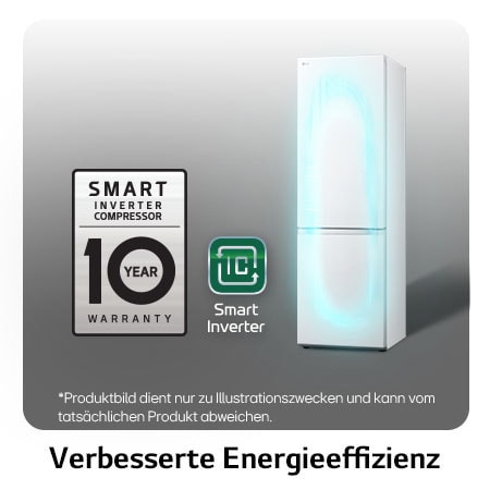 LG Kühl-Gefrierkombination GBV3100CSW mit Smart Inverter Kompressor Logo, zeigt die 10-Jahres-Garantie und verbesserte Energieeffizienz.