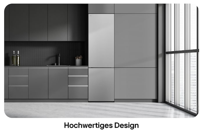 LG Kühl-Gefrierkombination GBV22NCCPY in Prime Silver, zeigt das 203 cm hohe Flat Door Design und die nahtlose Integration in die moderne Küchenzeile.