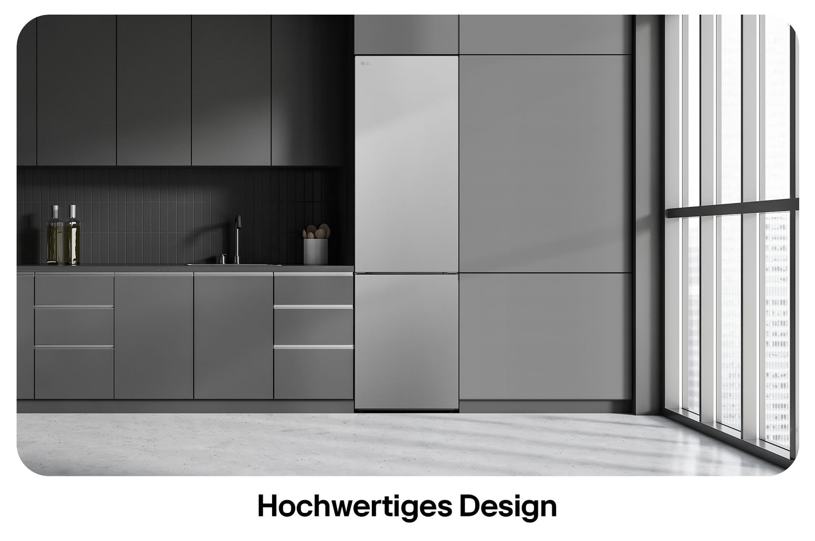 LG Kühl-Gefrierkombination GBV22NCCPY in Prime Silver, zeigt das 203 cm hohe Flat Door Design und die nahtlose Integration in die moderne Küchenzeile.