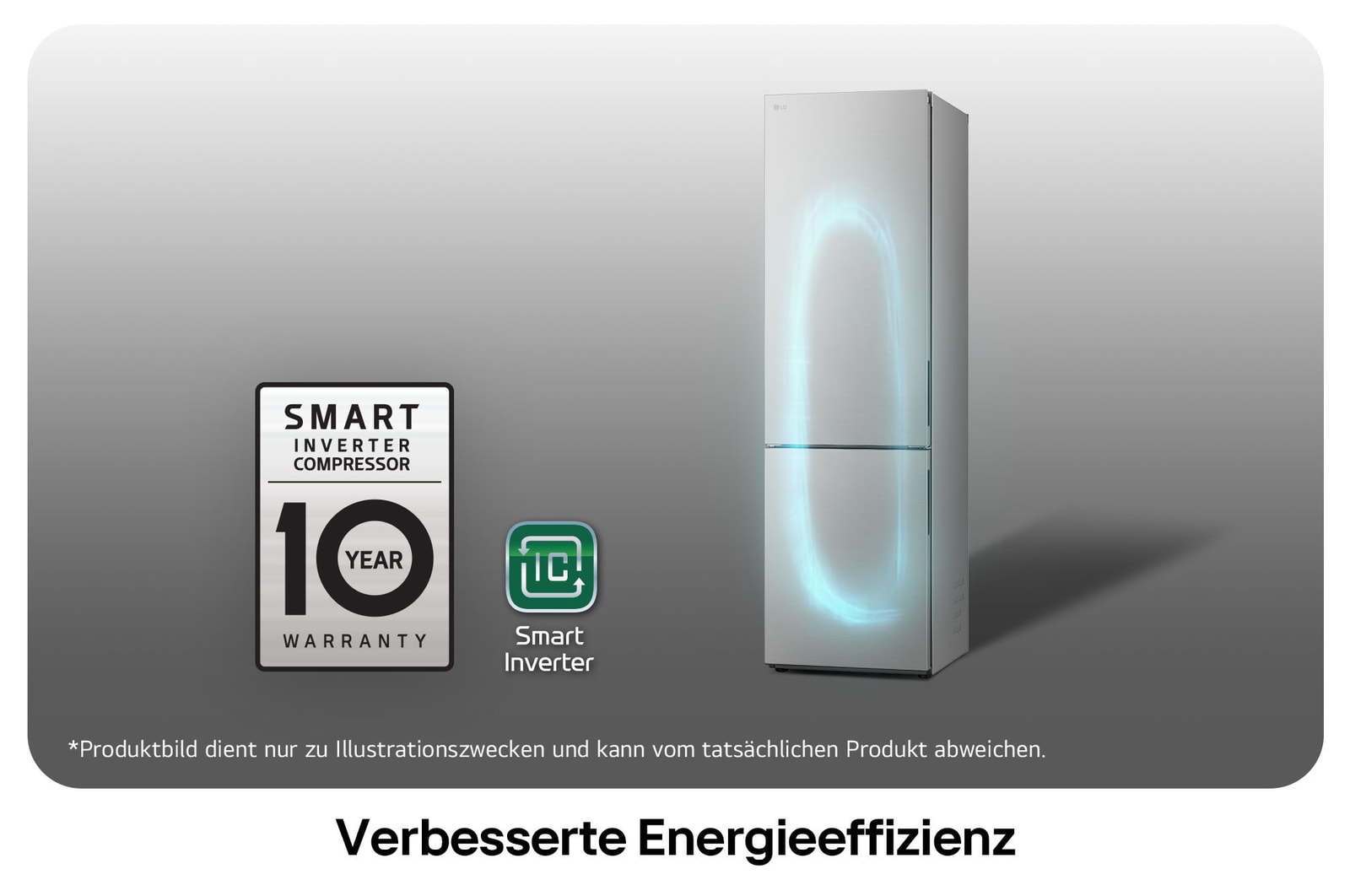 LG Kühl-Gefrierkombination GBV22NCCPY mit Smart Inverter Kompressor Logo, zeigt die 10-Jahres-Garantie und verbesserte Energieeffizienz.