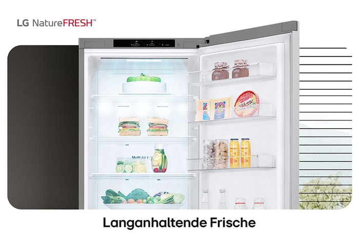 LG Kühl-Gefrierkombination GBV22NCCPY zeigt NatureFRESH Innenraum mit Weinregal und vollem Frischefach für langanhaltende Frische.