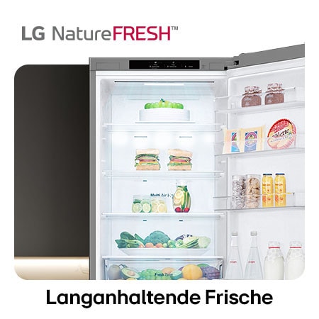 LG Kühl-Gefrierkombination GBV22NCCPY zeigt NatureFRESH Innenraum mit Weinregal und vollem Frischefach für langanhaltende Frische.