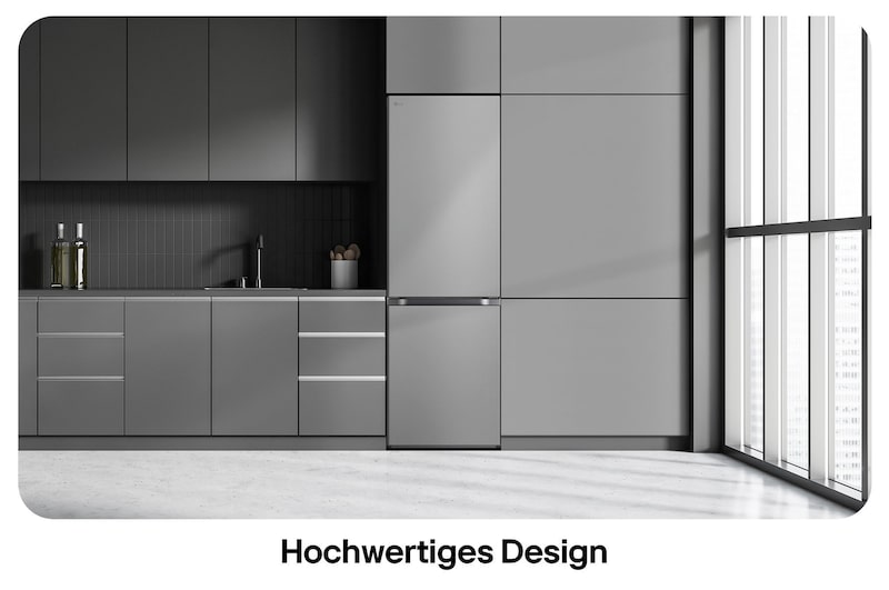 LG Kühl-Gefrierkombination GBV5140CPY in Prime Silver, zeigt das Modern Flat Door Design und die nahtlose Integration in die Küchenzeile.