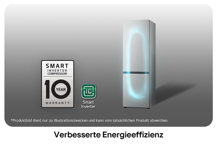 LG Kühl-Gefrierkombination GBV5140CPY mit Smart Inverter Kompressor Logo, zeigt die 10-Jahres-Garantie und verbesserte Energieeffizienz.