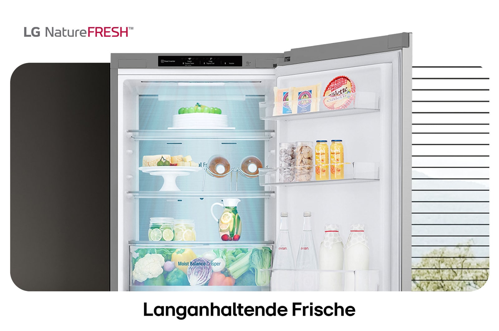 LG Kühl-Gefrierkombination GBV5140CPY zeigt NatureFRESH Innenraum mit gefülltem Moist Balance Crisper für langanhaltende Frische.