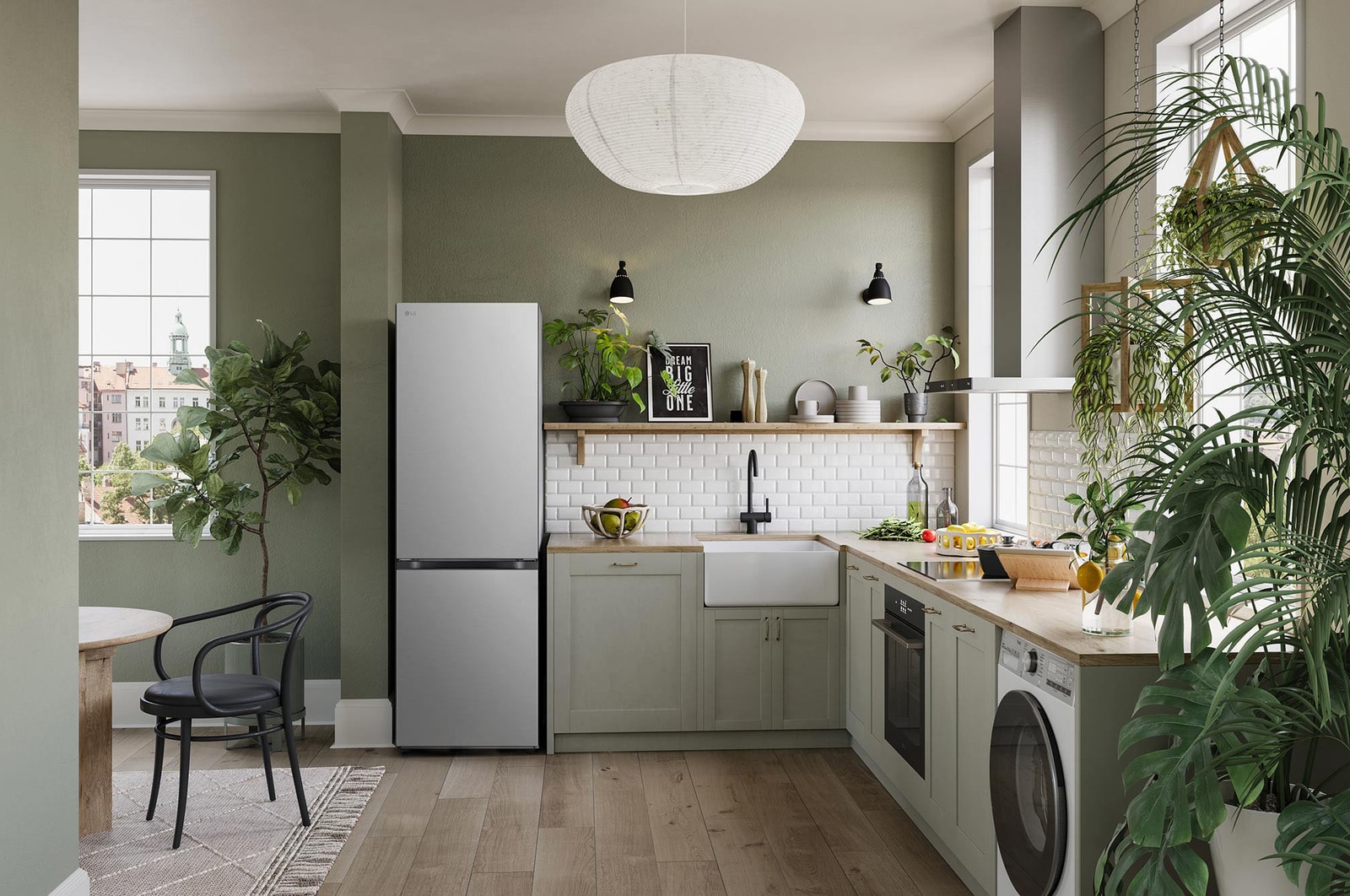 LG Kühl-Gefrierkombination GBV5140CPY in Prime Silver, integriert in eine moderne, naturinspirierte Küche, demonstriert ihr elegantes Flat Door Design.