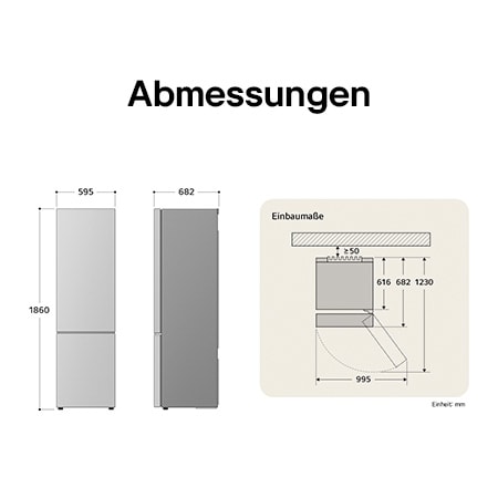 LG Kühl-Gefrierkombination GBV5140CPY technische Zeichnung: H 1860, B 595, T 675 mm mit Einbaumaßen und 995 mm Türöffnungsraum.