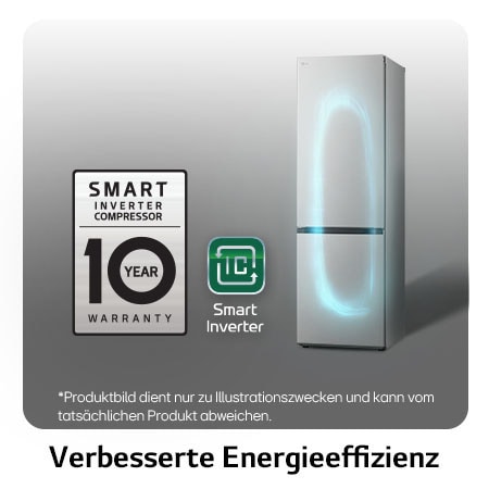LG Kühl-Gefrierkombination GBV5140CPY mit Smart Inverter Kompressor Logo, zeigt die 10-Jahres-Garantie und verbesserte Energieeffizienz.