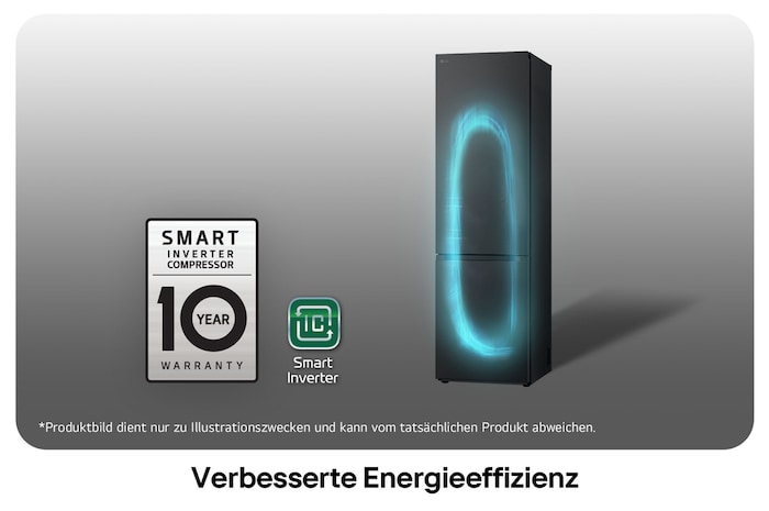 LG Kühl-Gefrierkombination GBV3200DEP mit Smart Inverter Kompressor Logo, zeigt die 10-Jahres-Garantie und verbesserte Energieeffizienz.