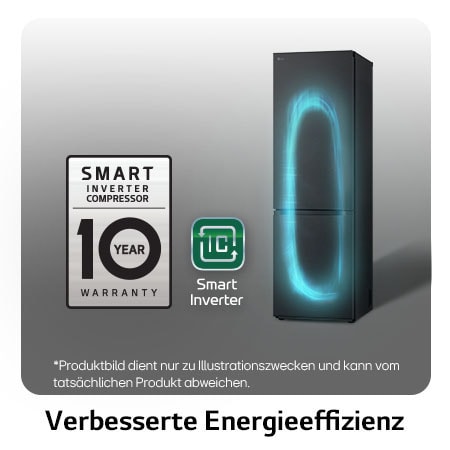 LG Kühl-Gefrierkombination GBV3100AEP mit Smart Inverter Kompressor Logo, zeigt die 10-Jahres-Garantie und verbesserte Energieeffizienz.