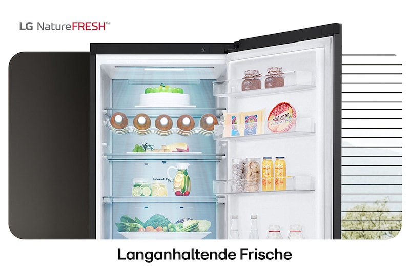 LG Kühl-Gefrierkombination GBV7270BEV zeigt NatureFRESH Innenraum mit Weinregal und vollem Frischefach für langanhaltende Frische.