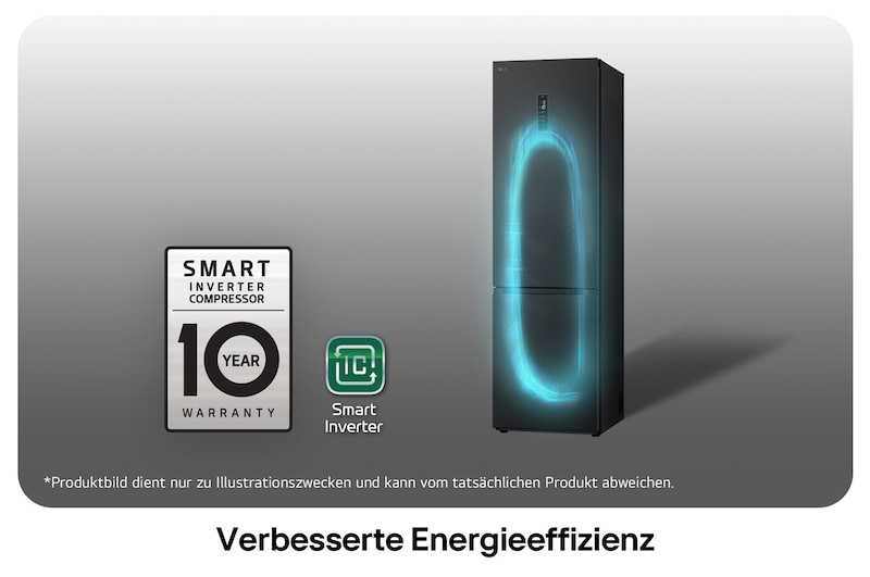 LG Kühl-Gefrierkombination GBV5250CEP mit Smart Inverter Kompressor Logo, zeigt die 10-Jahres-Garantie und verbesserte Energieeffizienz.