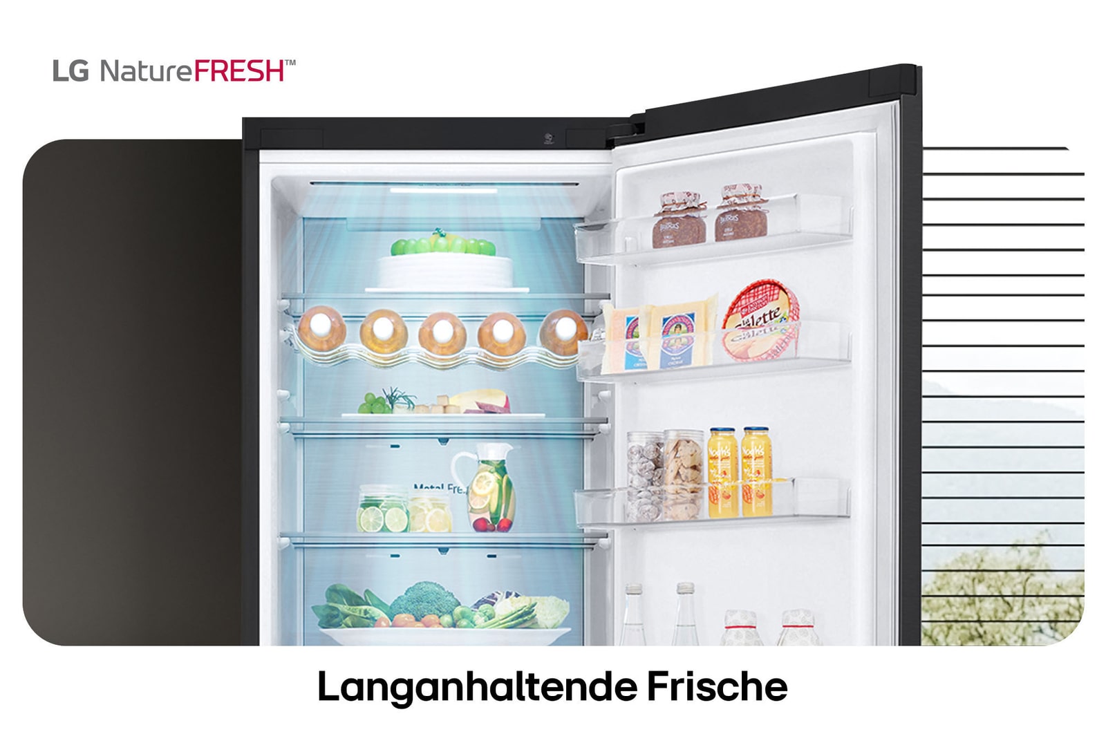 LG Kühl-Gefrierkombination GBV5250CEP zeigt NatureFRESH Innenraum mit Weinregal und vollem Frischefach für langanhaltende Frische.