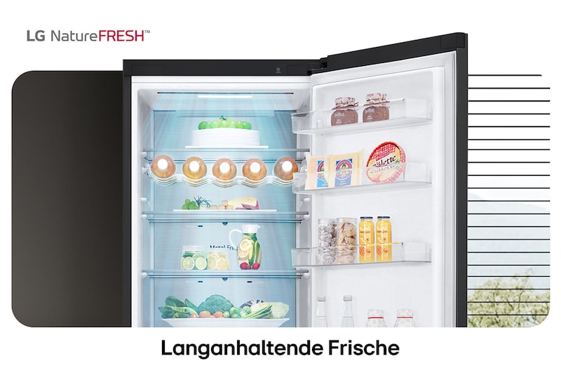 LG Kühl-Gefrierkombination GBV5250CEP zeigt NatureFRESH Innenraum mit Weinregal und vollem Frischefach für langanhaltende Frische.