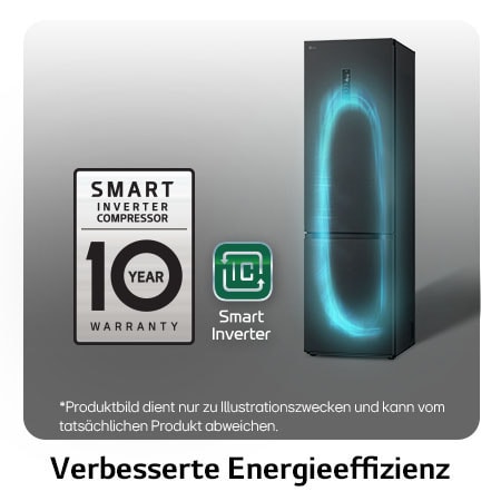 LG Kühl-Gefrierkombination GBV5250CEP mit Smart Inverter Kompressor Logo, zeigt die 10-Jahres-Garantie und verbesserte Energieeffizienz.