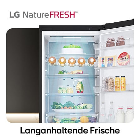 LG Kühl-Gefrierkombination GBV5250CEP zeigt NatureFRESH Innenraum mit Weinregal und vollem Frischefach für langanhaltende Frische.