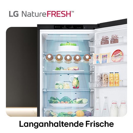 LG Kühl-Gefrierkombination GBV7280AEV zeigt NatureFRESH Innenraum mit Weinregal und vollem Frischefach für langanhaltende Frische.