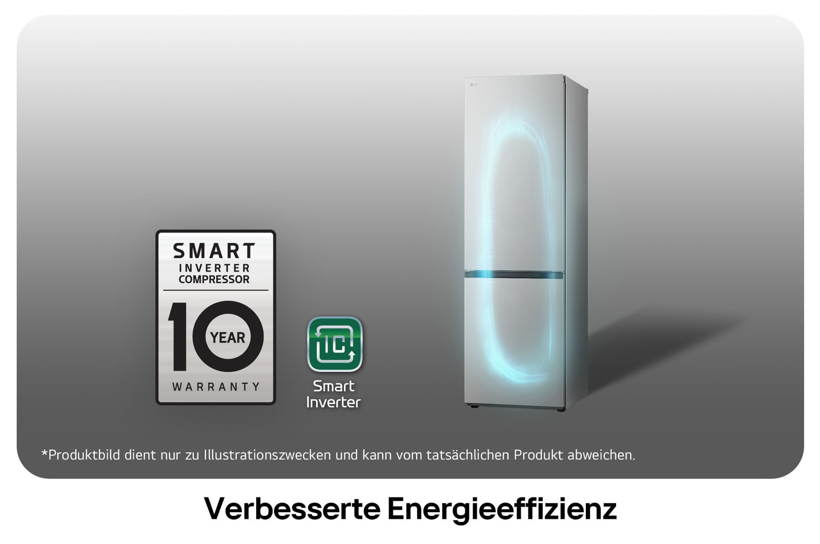 LG Kühl-Gefrierkombination GBV3100BPY mit Smart Inverter Kompressor Logo, zeigt die 10-Jahres-Garantie und verbesserte Energieeffizienz.