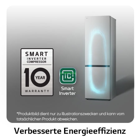 LG Kühl-Gefrierkombination GBV3100BPY mit Smart Inverter Kompressor Logo, zeigt die 10-Jahres-Garantie und verbesserte Energieeffizienz.