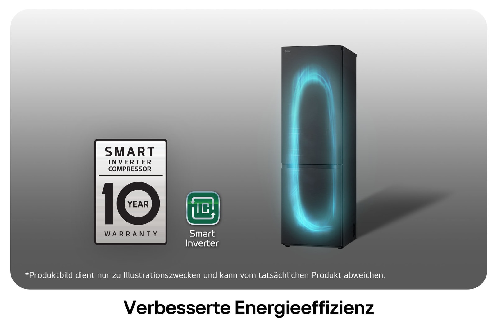 LG Kühl-Gefrierkombination GBV3100CEP mit Smart Inverter Kompressor Logo, zeigt die 10-Jahres-Garantie und verbesserte Energieeffizienz.