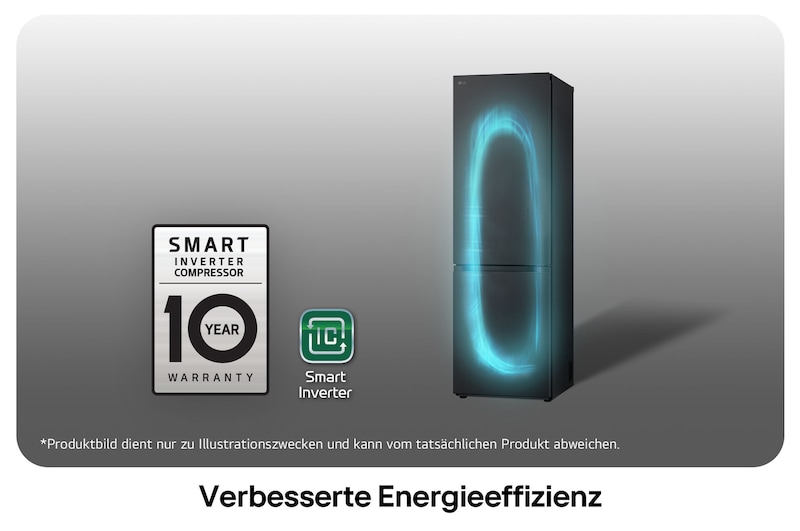 LG Kühl-Gefrierkombination GBV3100CEP mit Smart Inverter Kompressor Logo, zeigt die 10-Jahres-Garantie und verbesserte Energieeffizienz.
