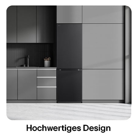 LG Kühl-Gefrierkombination GBV3100CEP in mattem Schwarz, zeigt das Modern Flat Door Design und die nahtlose Integration in die dunkelgraue Küchenzeile.