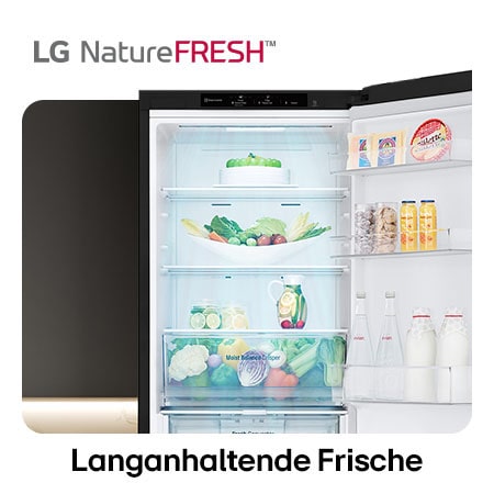 LG Kühl-Gefrierkombination GBV3100CEP zeigt NatureFRESH Innenraum mit gefülltem Moist Balance Crisper für langanhaltende Frische.