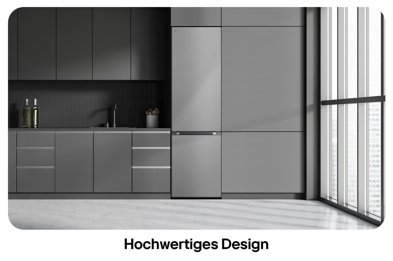 LG Kühl-Gefrierkombination GBV3200CPY in Prime Silver, zeigt das 203 cm hohe Flat Door Design und die nahtlose Integration in die moderne Küchenzeile.
