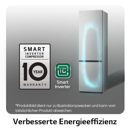 LG Kühl-Gefrierkombination GBV3200CPY mit Smart Inverter Kompressor Logo, zeigt die 10-Jahres-Garantie und verbesserte Energieeffizienz.