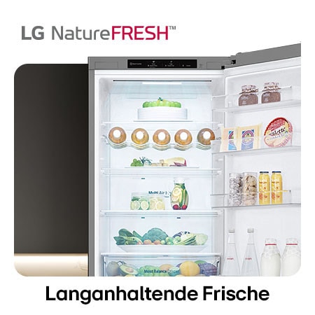 LG Kühl-Gefrierkombination GBV3200CPY zeigt NatureFRESH Innenraum mit Weinregal und vollem Frischefach für langanhaltende Frische.