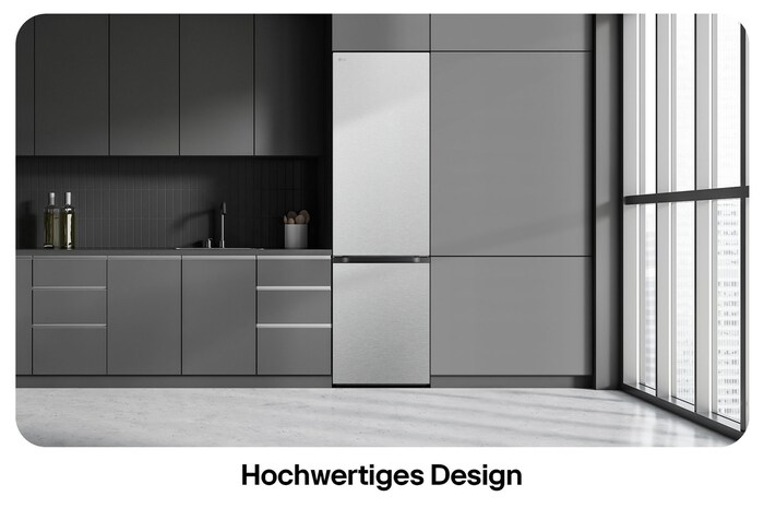 LG Kühl-Gefrierkombination GBV7280CMB in Metal Sorbet, zeigt das 203 cm hohe Flat Door Design und die nahtlose, elegante Integration in die Küchenzeile.