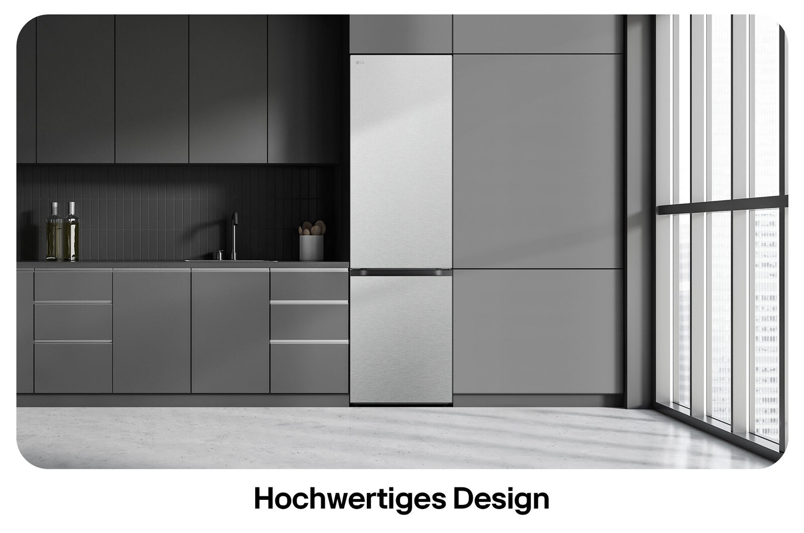 LG Kühl-Gefrierkombination GBV7280CMB in Metal Sorbet, zeigt das 203 cm hohe Flat Door Design und die nahtlose, elegante Integration in die Küchenzeile.