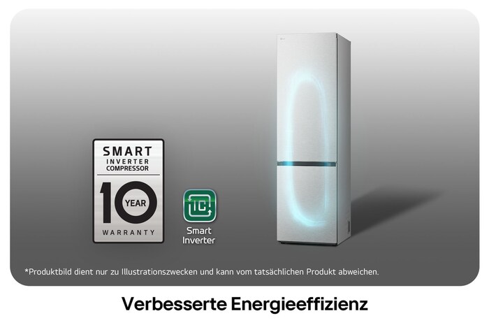 LG Kühl-Gefrierkombination GBV7280CMB mit Smart Inverter Kompressor Logo, zeigt die 10-Jahres-Garantie und verbesserte Energieeffizienz.