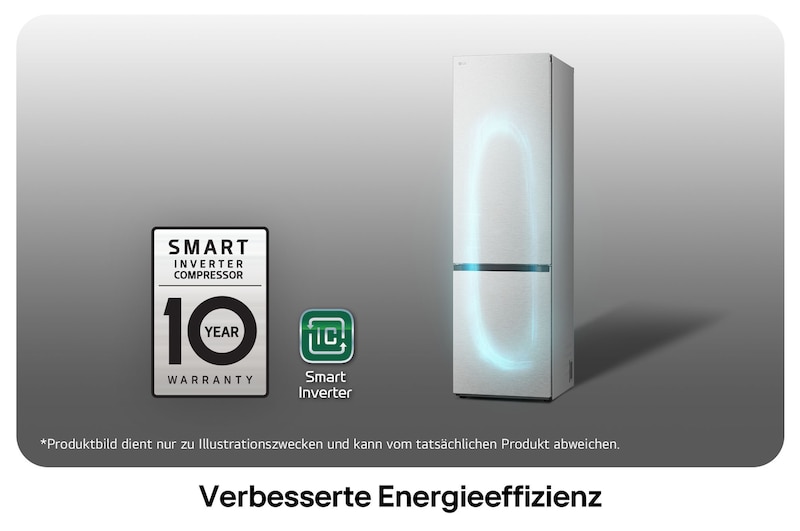 LG Kühl-Gefrierkombination GBV7280CMB mit Smart Inverter Kompressor Logo, zeigt die 10-Jahres-Garantie und verbesserte Energieeffizienz.