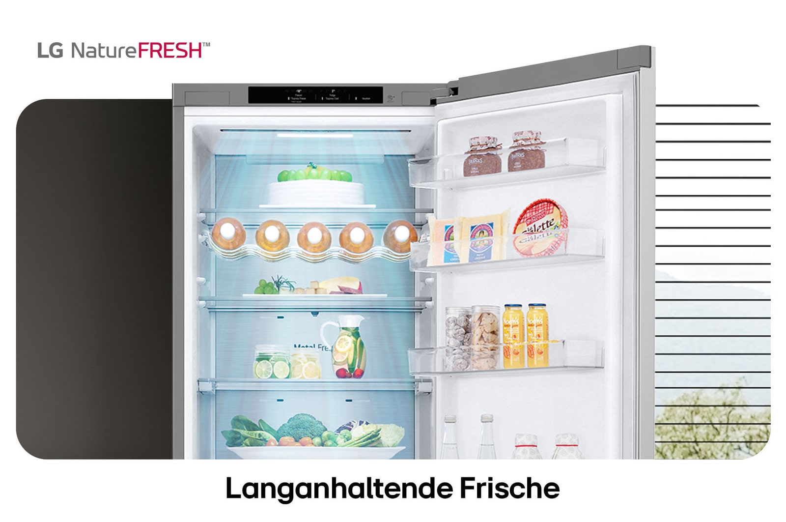 LG Kühl-Gefrierkombination GBV7280CMB zeigt NatureFRESH Innenraum mit Weinregal und vollem Frischefach für langanhaltende Frische.