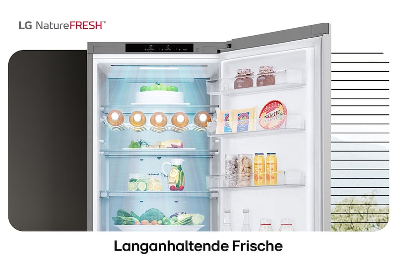 LG Kühl-Gefrierkombination GBV7280CMB zeigt NatureFRESH Innenraum mit Weinregal und vollem Frischefach für langanhaltende Frische.