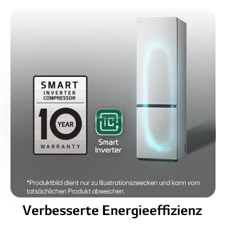 LG Kühl-Gefrierkombination GBV7280CMB mit Smart Inverter Kompressor Logo, zeigt die 10-Jahres-Garantie und verbesserte Energieeffizienz.