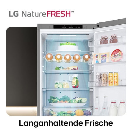 LG Kühl-Gefrierkombination GBV7280CMB zeigt NatureFRESH Innenraum mit Weinregal und vollem Frischefach für langanhaltende Frische.
