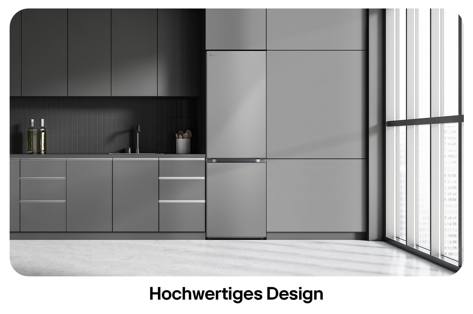 LG Kühl-Gefrierkombination GBV3100CPY in Prime Silver, zeigt das Modern Flat Door Design und die nahtlose Integration in die Küchenzeile.