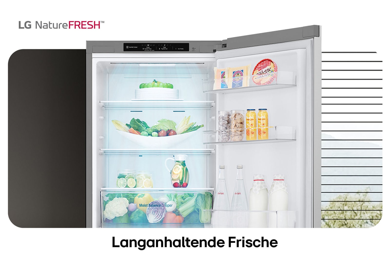 LG Kühl-Gefrierkombination GBV3100CPY zeigt NatureFRESH Innenraum mit gefülltem Moist Balance Crisper für langanhaltende Frische.
