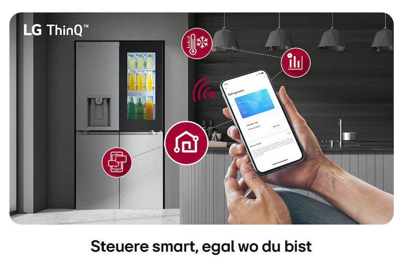 LG Multi-Door Kühlschrank GMG961MBKE in Edelstahl-Optik, mit dem LG ThinQ™ System, wobei die Einstellungen über eine Smartphone-App ferngesteuert werden.