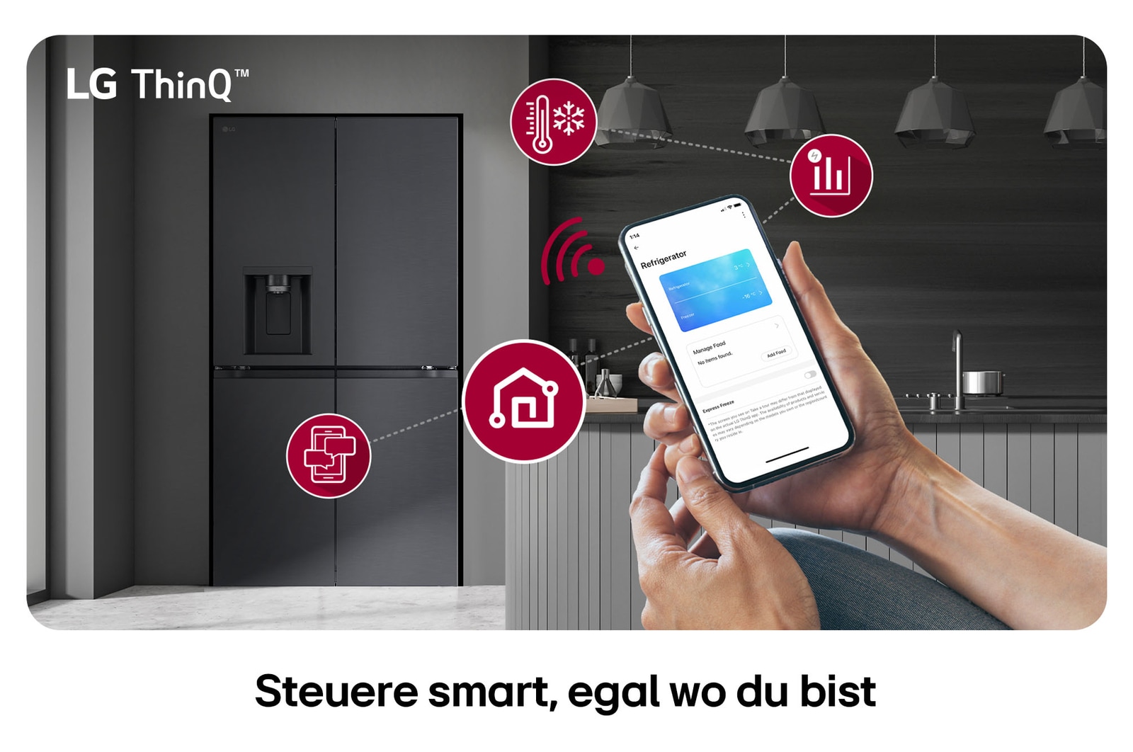 LG Multi-Door Kühlschrank GML960EVBE in mattem Schwarz, mit dem LG ThinQ™ System, wobei die Temperatureinstellungen über eine Smartphone-App ferngesteuert werden.