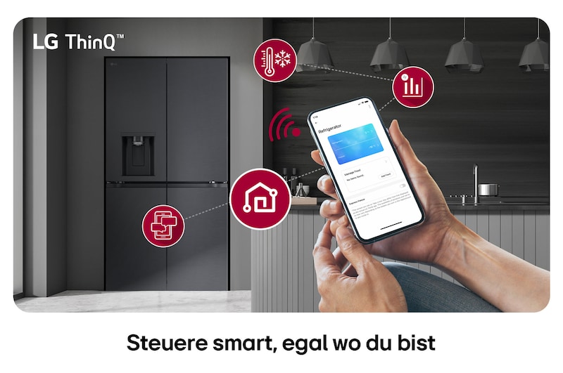 LG Multi-Door Kühlschrank GML960EVBE in mattem Schwarz, mit dem LG ThinQ™ System, wobei die Temperatureinstellungen über eine Smartphone-App ferngesteuert werden.