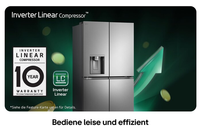 LG Multi-Door Kühlschrank GML960PYFE in silberner Optik, beworben mit dem Inverter Linear Compressor™ und einer 10-jährigen Garantie für leisen Betrieb und hohe Energieeffizienz.